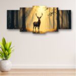 Deer in Forest Sunset Design Wooden Wall Frame 5-Piece, 16x40 Inch with Sticky Tiles