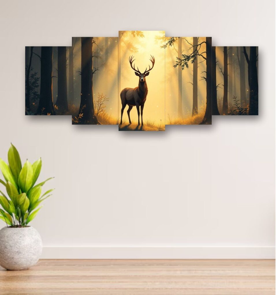 Deer in Forest Sunset Design Wooden Wall Frame 5-Piece, 16x40 Inch with Sticky Tiles