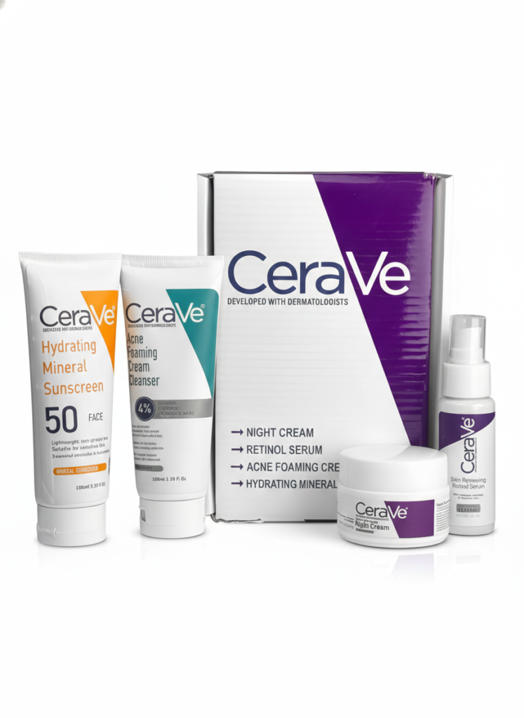 CeraVe Complete Skincare Combo Kit, SPF 50 Sunscreen, Acne Cleanser, Retinol Serum & Night Cream for Clear, Healthy Skin