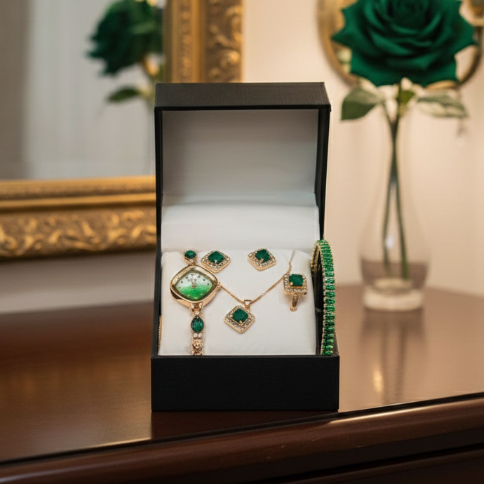 Chic Women's Digital Display Watch with Emerald Green Jewellery Stainless Steel | Premium Fashion Watch for Daily Wear & Special Occasions