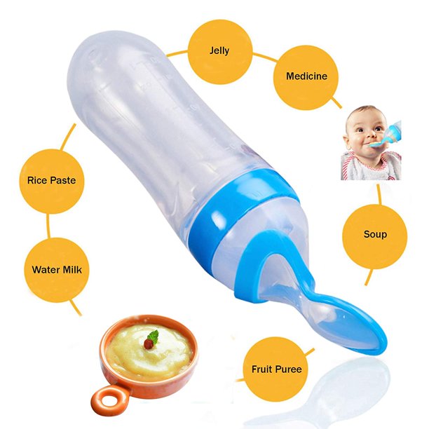 Silicone Baby Spoon Feeder Bottle 90ml | Soft Squeeze Baby Food Feeding Bottle with Spoon (Random Color)