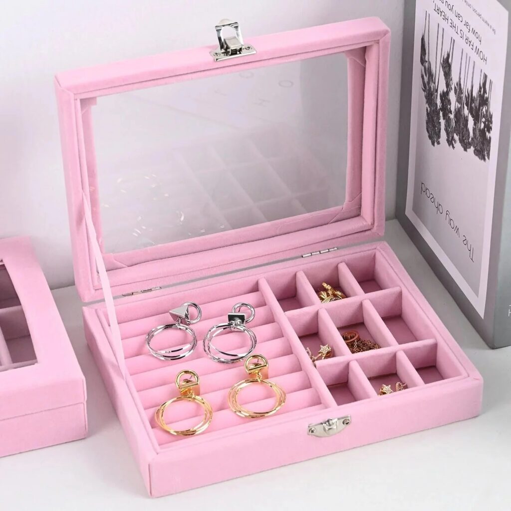 Jewelry Storage Organizer Box with Lock | Synthetic Leather Jewelry Case with Velvet Interior for Rings, Earrings, Necklaces & Bracelets (Random Color)