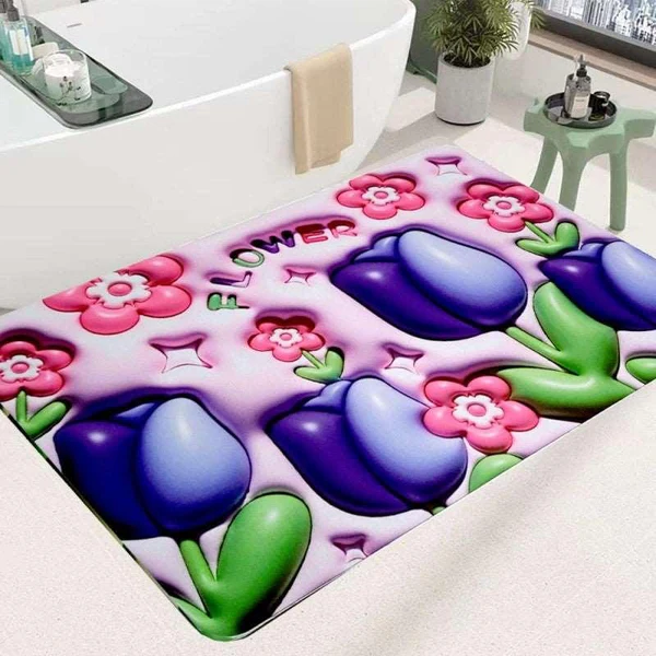 3D Printed Soft Cut Flower Floor Mat | Anti Slip Water Absorbent Door & Bathroom Mat for Kitchen, Room & Entrance (Random Color & Design)