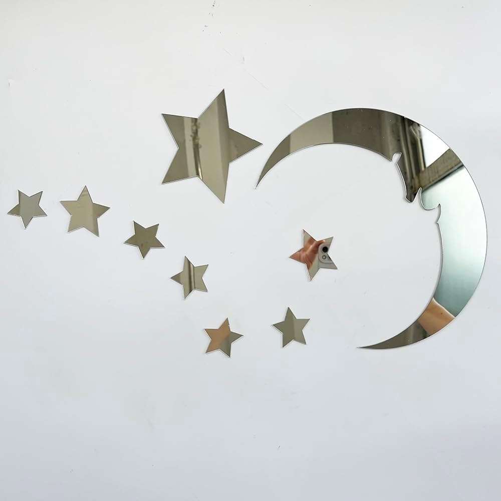 15 Stars & 1 Moon Silver Acrylic Mirror Wall Stickers | Decorative Wall Decals for Kids Bedroom, Nursery & Home Decor