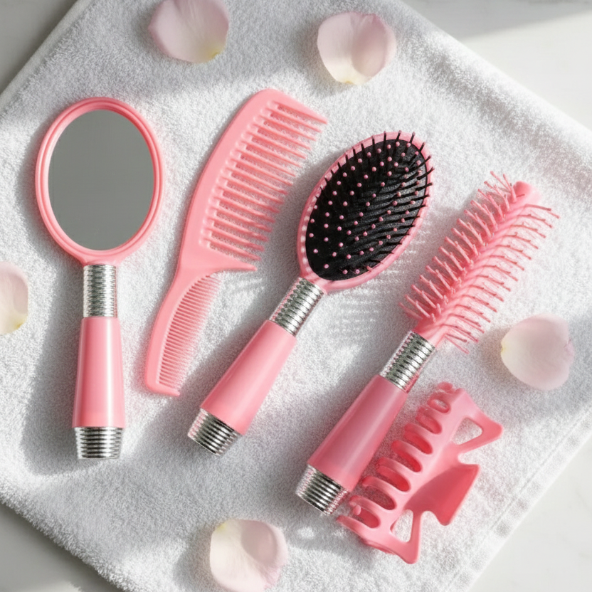 Pink 4 Piece Hair Brush Set - Premium Quality Styling Brushes with Comfortable Grip | Fashionable Hair Grooming Kit Pakistan