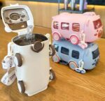 Imported 600ml Bus Water Bottle for Kids Cute Bus Shape with Strap, Sipper & Straw (Random Colour) - Image 4