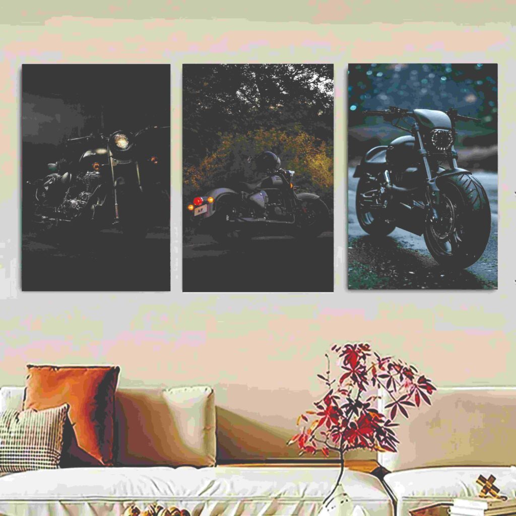 Set of 3 Bike Wall Art Sticky Canvas Frames | Motorcycle Photo Tiles for Home & Office Wall Decor