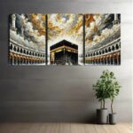 Kaaba Wall Art ? 3-Piece  Wooden Sticky Tile Frames with Adhesive Tape for Easy Mounting