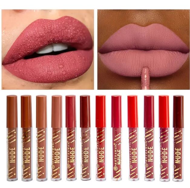 Pack of 12 Waterproof Matte Lip Gloss Set, Nude & Reddish Long-Lasting Lip Colors with Smooth Velvet Finish