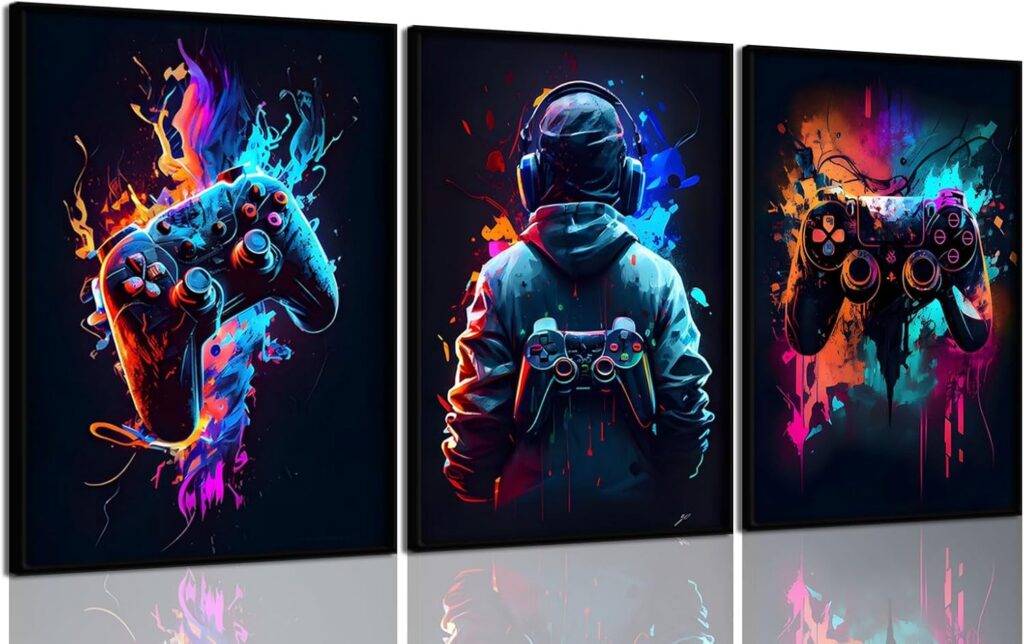 3Pcs Cool Gaming Wall Art – Retro Video Game Sticky Phototiles Wall Frames (8" x 11")