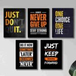 Set of 5 Motivational Sticky Wooden Canvas Frames for Wall Decor | Self Adhesive Photo Tiles for Home, Office & Workplace