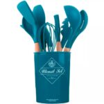 12 pcs Set Wooden Handle Silicone Kitchen Utensils with Storage Bucket – High Temperature Resistant & Non‑Stick Pot Spatula & Spoon (Random Color)