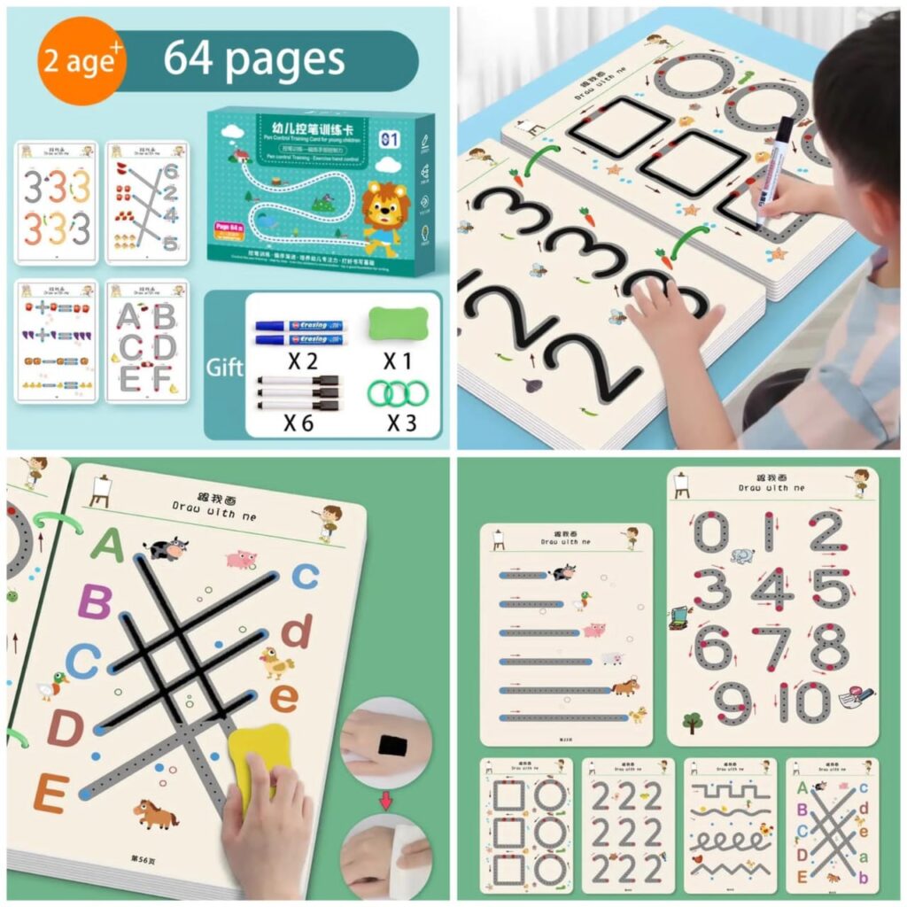 Activity Book 64 Pages Kids Learning Tracing Book with 2 Pens and Eraser
