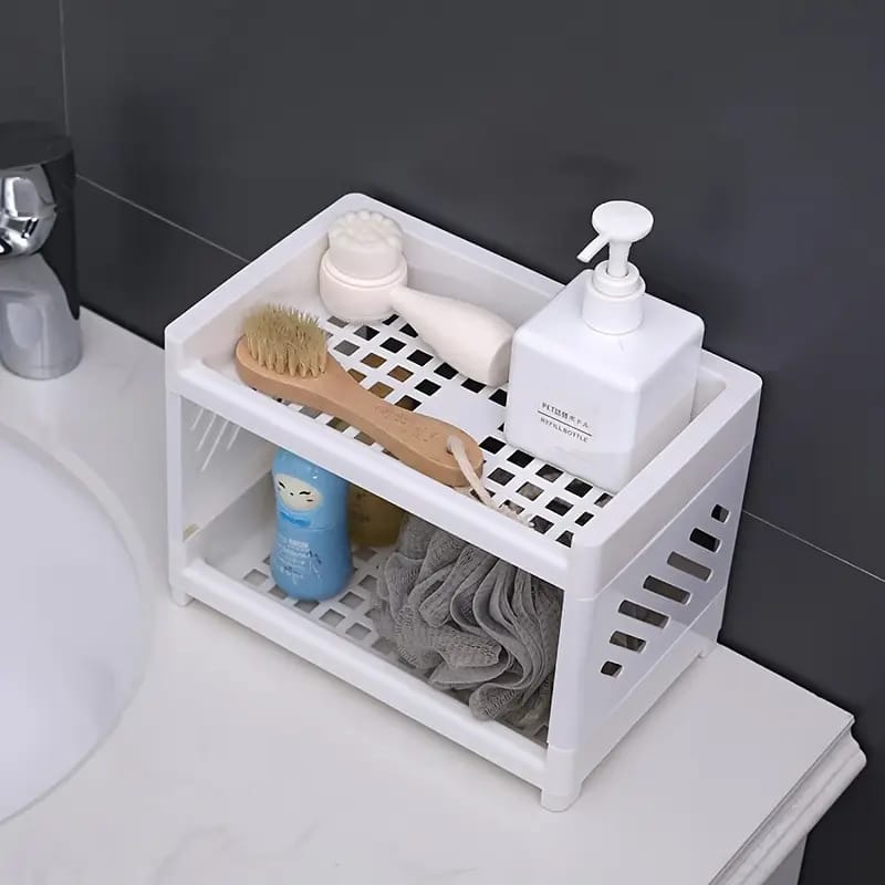 Desktop Double‑Layer Plastic Storage Holder Rack Cosmetic Box Kitchen Bathroom Desk Shelf Organizer Office Supplies Stationery (Random Color)