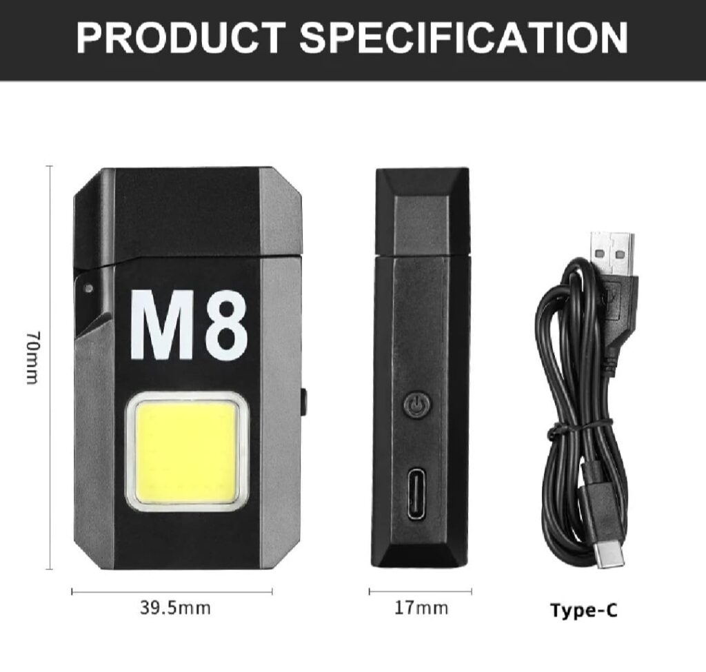 DH-001 COB LED Flashlight with Dual Arc Flameless Lighter – Type-C Rechargeable Mini Work Light