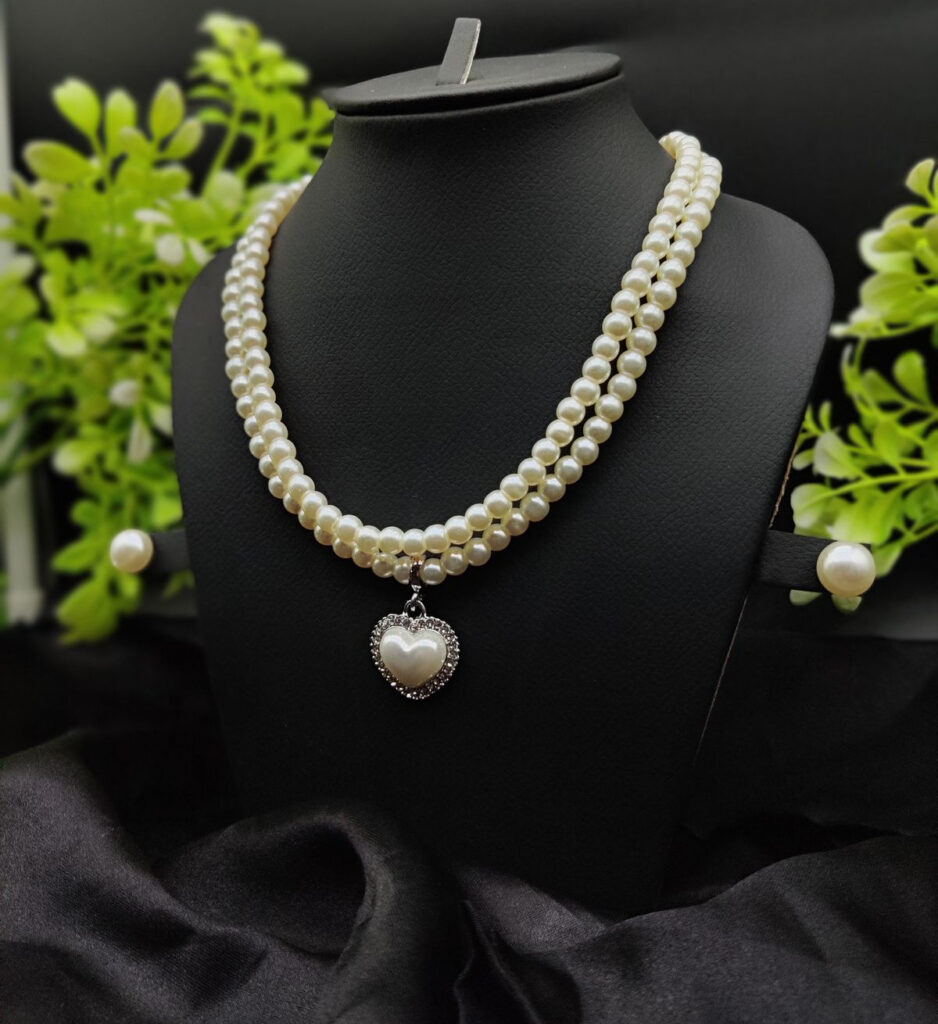 Imported Elegant Double Strand Pearl Necklace with Heart Pendant | Premium Fashion Jewelry for Girls & Women
