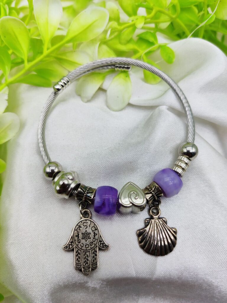 1 Piece Imported Hamsa Hand Pandora-Inspired Charm Bracelet with Purple Glass Beads, Seashell & Heart Charms | Girls & Women Jewellery