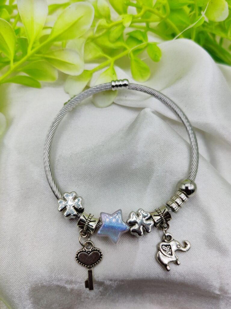 1 Piece Imported Elegant Pandora-Style Charm Bracelet with Opalescent Star Beads, Lucky Clover, Heart Key & Elephant Charms | Girls & Women Jewellery
