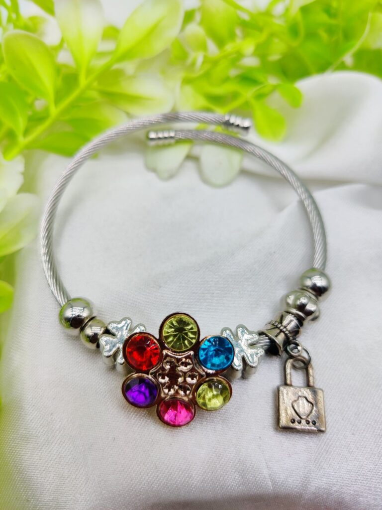 1 Piece Imported Elegant Multicolor Stone Charm Pandora-Style Bracelet with Flower, Clover & Lock Charms | Girls & Women Jewellery