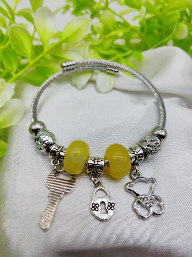 1 Piece Imported Elegant Pandora-Style Charm Bracelet with Yellow Beads, Teddy Bear, Lock & Key Charms | Girls & Women Jewellery