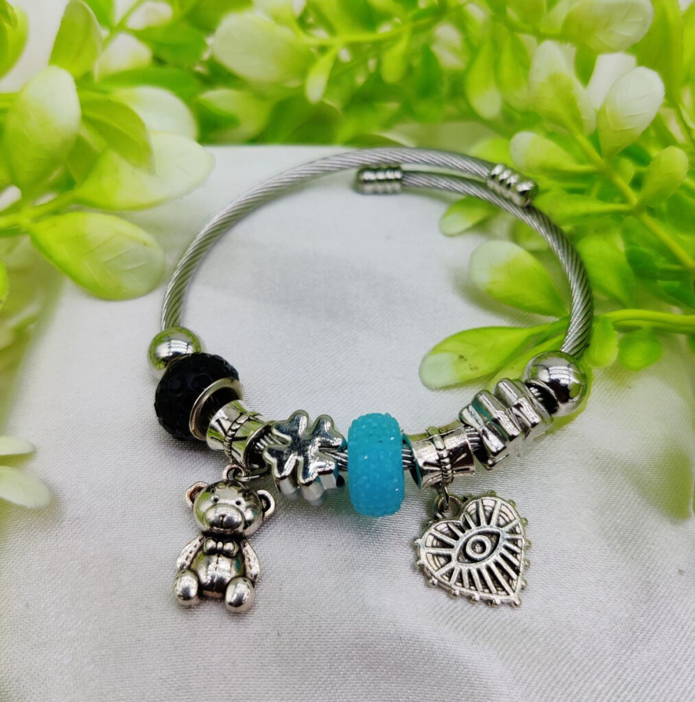 1 Piece Imported Elegant Pandora-Style Steel Wire Charm Bracelet with Teddy Bear, Heart & Textured Beads | Girls Jewellery