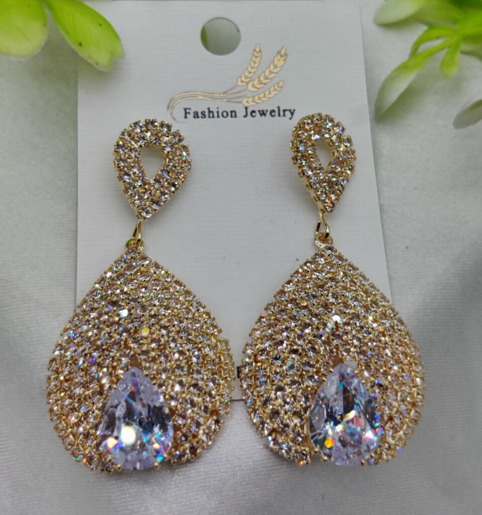 Luxurious Teardrop Crystal Earrings for Women | Sparkling Pave Detailing with Elegant Gold Finish | Premium Artificial Earrings for Girls & Women