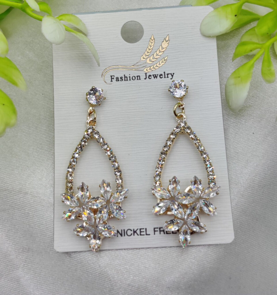 Imported Elegant Crystal Floral Drop Earrings for Women | Sparkling Teardrop Design with Luxurious Gold Finish | Nickel-Free Artificial Earrings for Girls & Women
