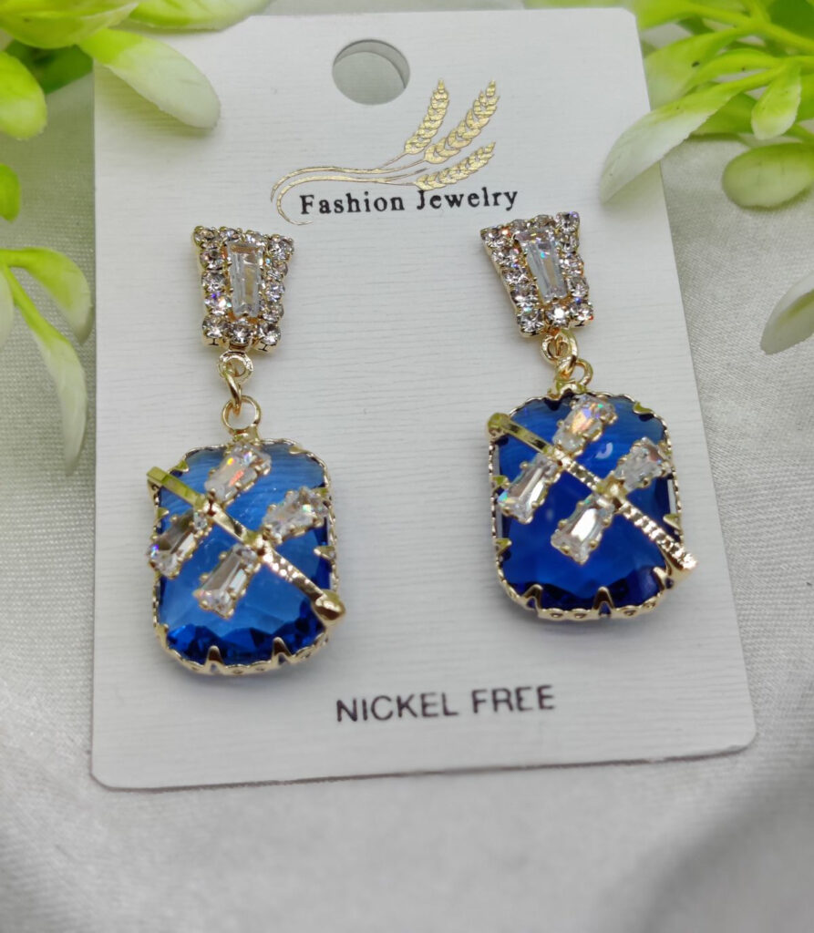 Imported Sapphire Blue Crystal Drop Earrings for Girls & Women, Nickel-Free Baguette Crystal Earrings, Elegant Fashion Jewellery