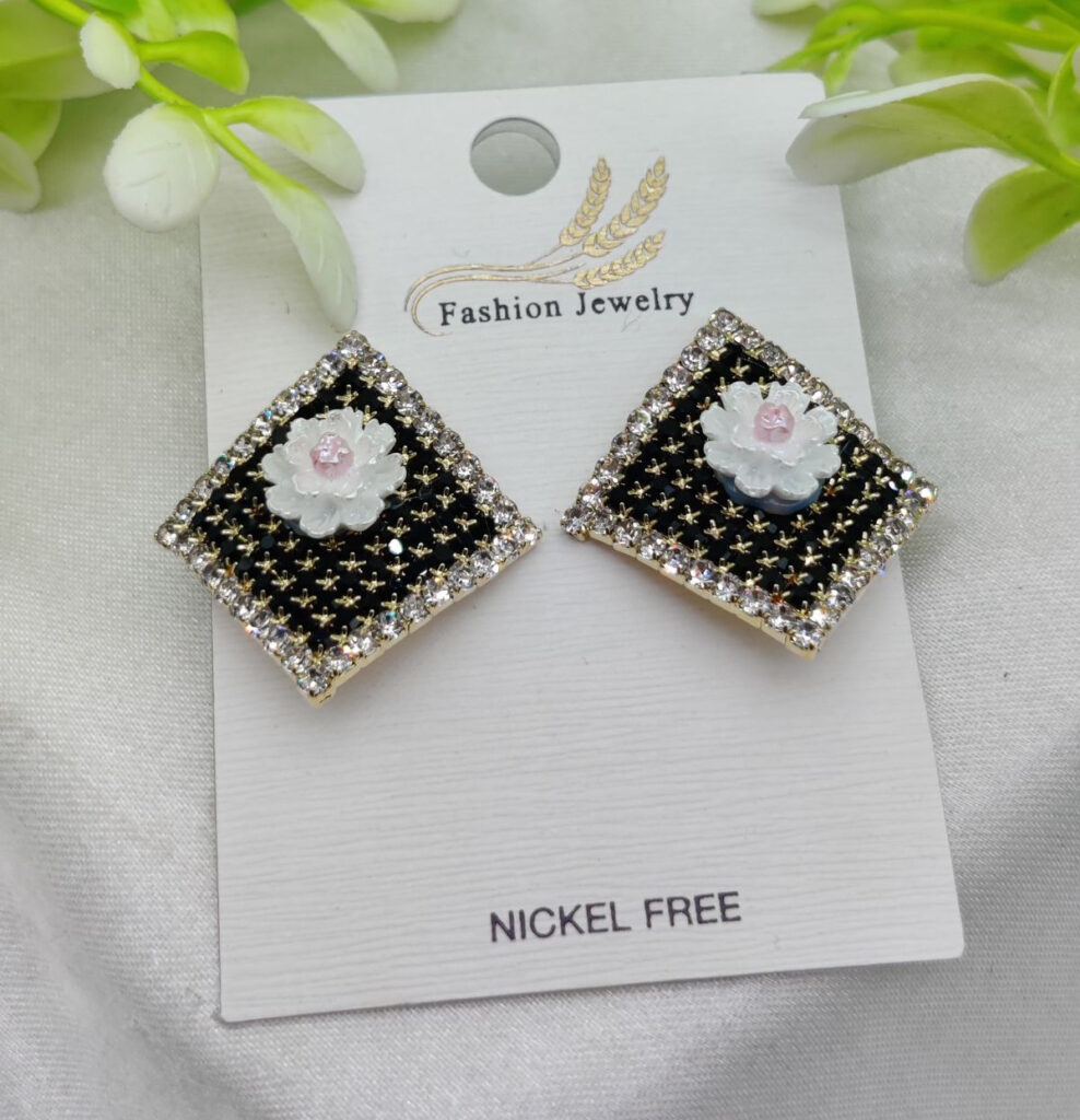 Imported Elegant Floral Stud Earrings for Girls & Women, Enamel Flower Earrings with Rhinestone Border, Nickel-Free Fashion Jewellery