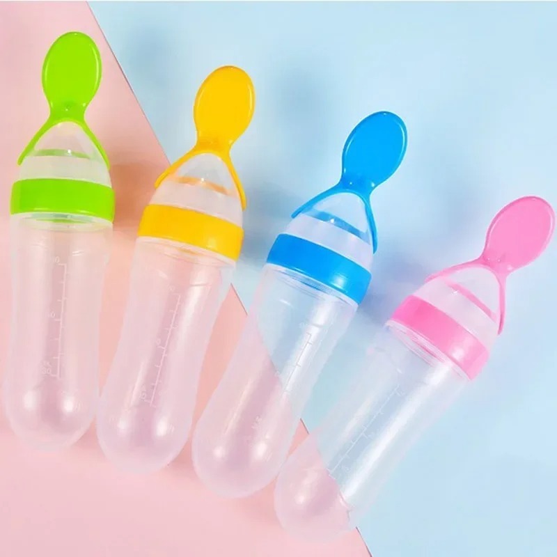 Silicone Baby Spoon Squeeze Feeding Bottle | BPA Free Baby Food Dispenser Feeder with Soft Spoon (Random Color)