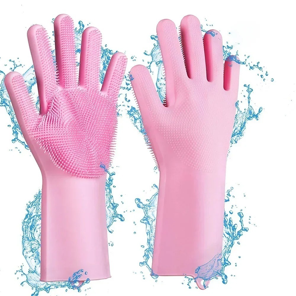 Magic Silicone Dish Washing Gloves with Built In Scrubber | Reusable Heat Resistant Cleaning Gloves for Kitchen, Bathroom, Car & Household (1 Pair)