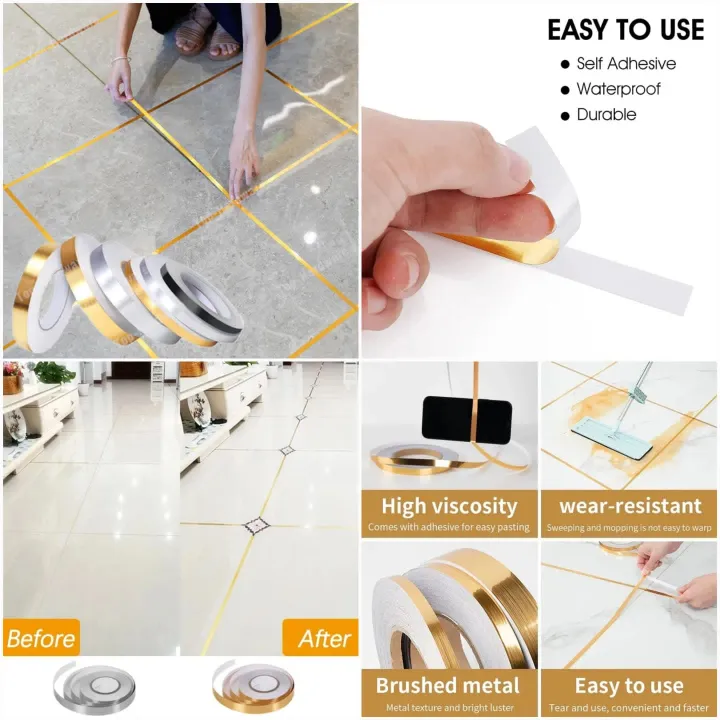 50M Brushed Gold Silver Floor Edging Waterproof Seam Wall Stickers, Wall Gap Ceiling Home Decoration Self‑Adhesive Tile Tape