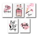 Set of 5 Makeup Themed Girls Room Wall Decor, Wooden Sticky Photo Tile Frames, Beauty Art Wall Decoration - Image 2