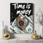 Time is Money Wall Art Frame ? Inch Wooden Sticky Tile with Watch & Dollar Design, Self-Adhesive Home Decor
