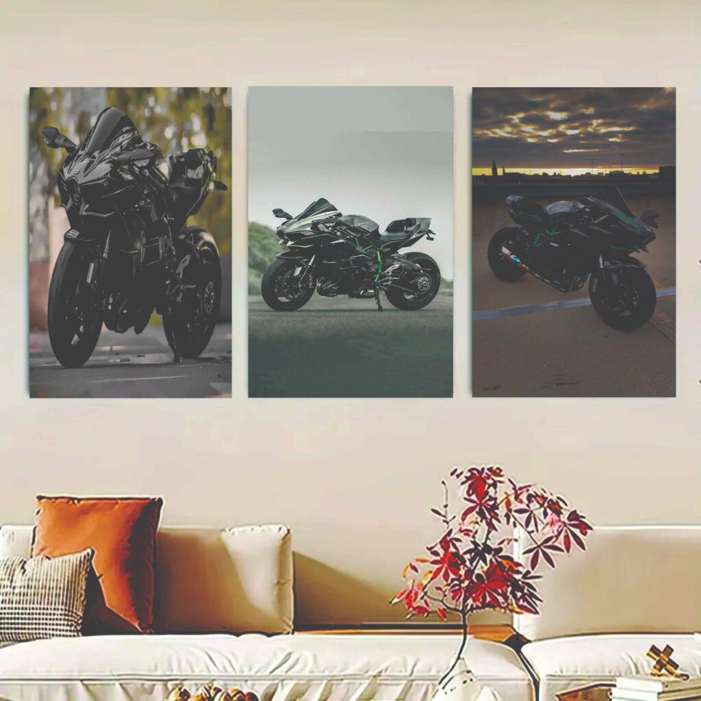 Set of 3 Ninja H2R Bike Sticky Canvas Frames – Premium Wall Decor Phototiles for Home, Office & Bedroom