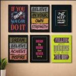 Set of 6 Sticky Wooden Photo Frames Wall Decor, Motivational Canvas Wall Art for Home, Office & Workspace