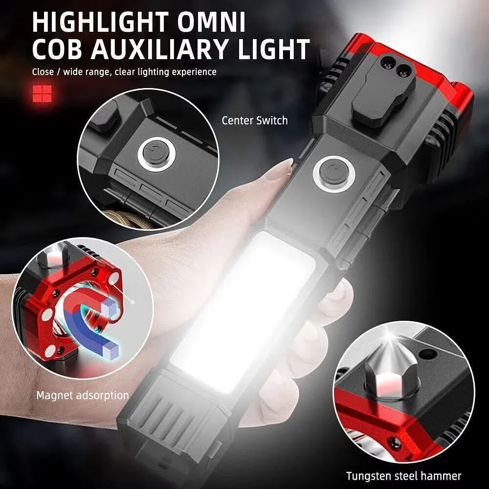 High Power LED Rechargeable Torch Light with Tactical Hammer & Power Bank, Emergency Flashlight for Outdoor, Travel & Security Use