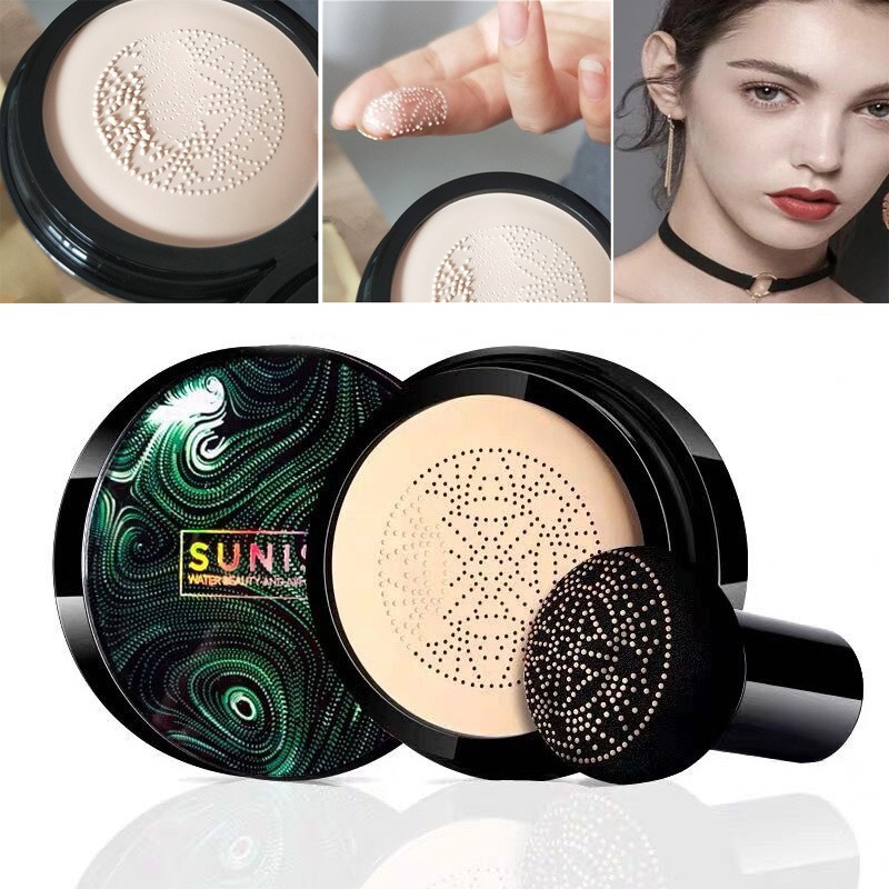 SUNISA Waterproof Mushroom Head Air Cushion Foundation | BB & CC Cream with Moisturizing Liquid Base & Sponge Applicator