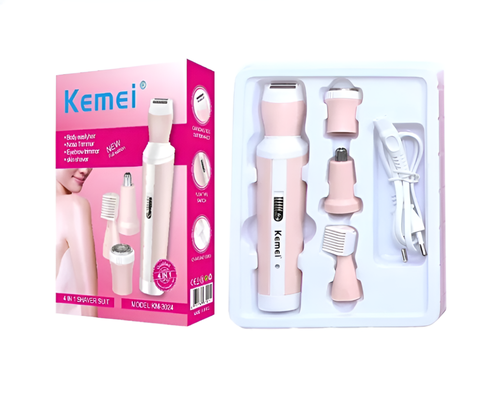 Kemei KM-3024 4-in-1 Rechargeable Ladies Hair Remover & Epilator | Shaver, Nose Trimmer, Eyebrow & Body Grooming Kit (Random Color)