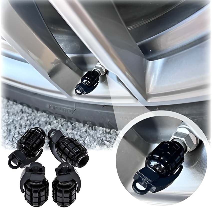Pack of 2 Grenade Tyre Air Valve Nozzle Caps Golden for Cars & Bikes